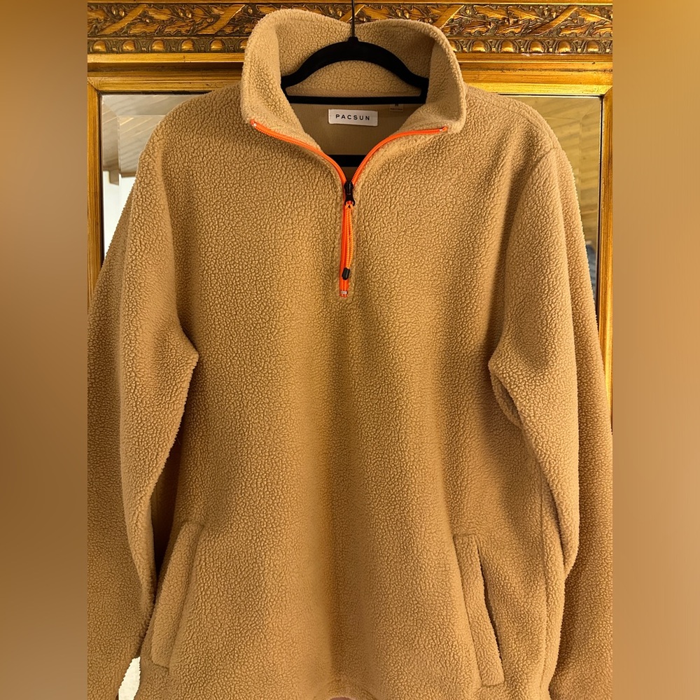 Fleece Camel 3/4 Quarter Zip with neon orange zipper and pockets pouch